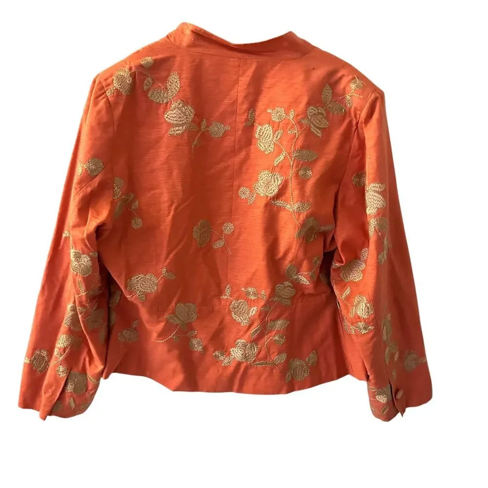 Dress Barn Orange & Gold 100% Silk Gold Floral Embroidered Blazer Jacket Size 1X